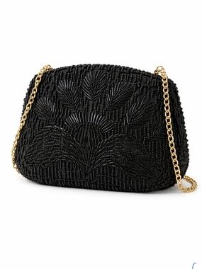 Vintage Black Beaded Clutch Evening Bag Gold Chain Satin Art Deco